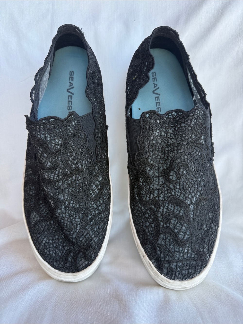 SeaVees Black Lace Slip-On Sneakers with White Sole
